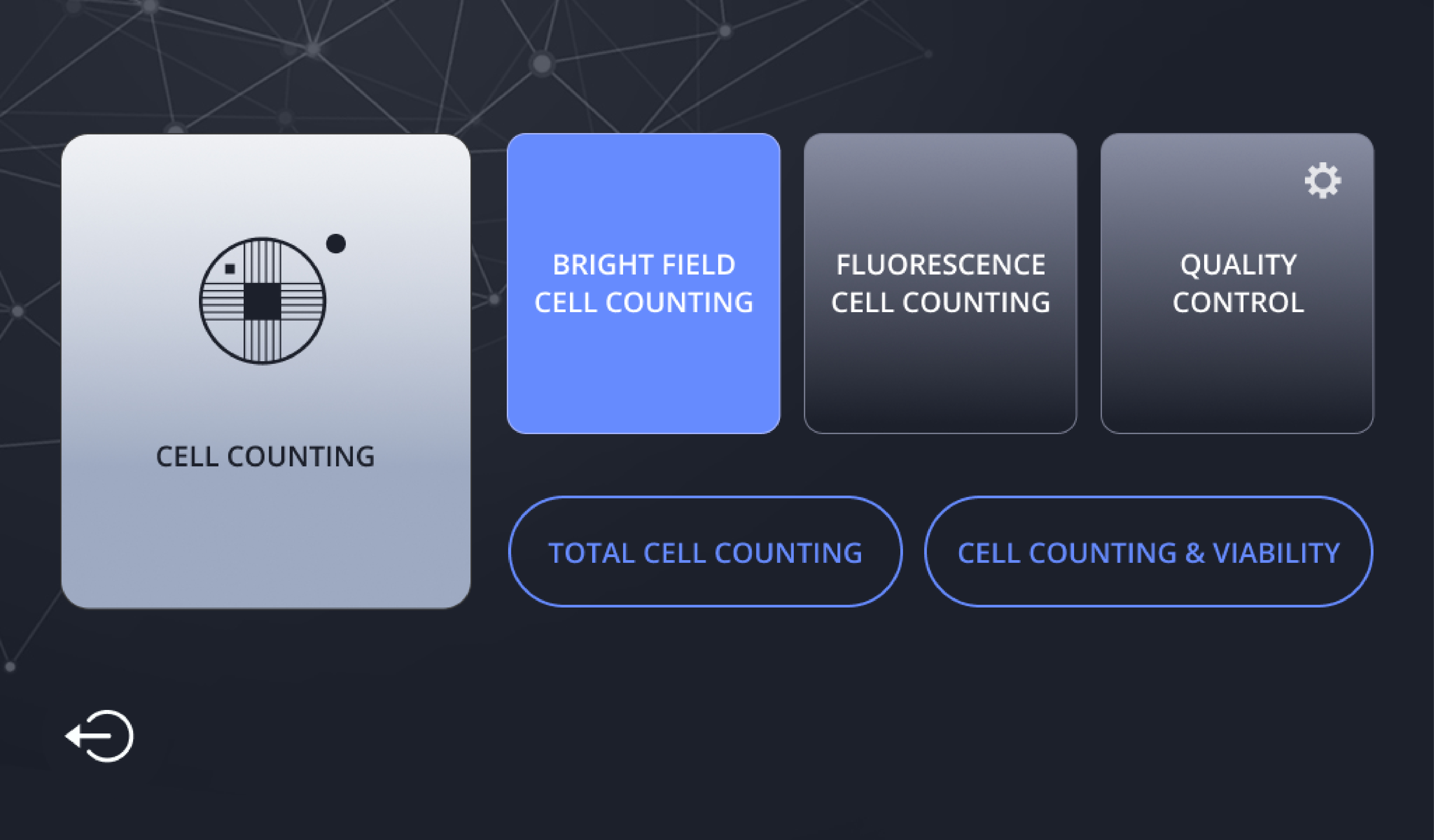 Software del contador celular automatizado LUNA-FX7 que muestra modos de conteo para campo claro, fluorescencia y opciones de control de calidad