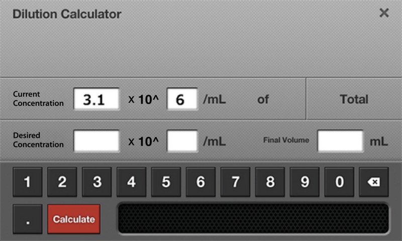 Use The Dilution Calculator — Automated cell counter LUNA‑STEM software dilution calculator to adjust sample concentration for accurate cell counter readings